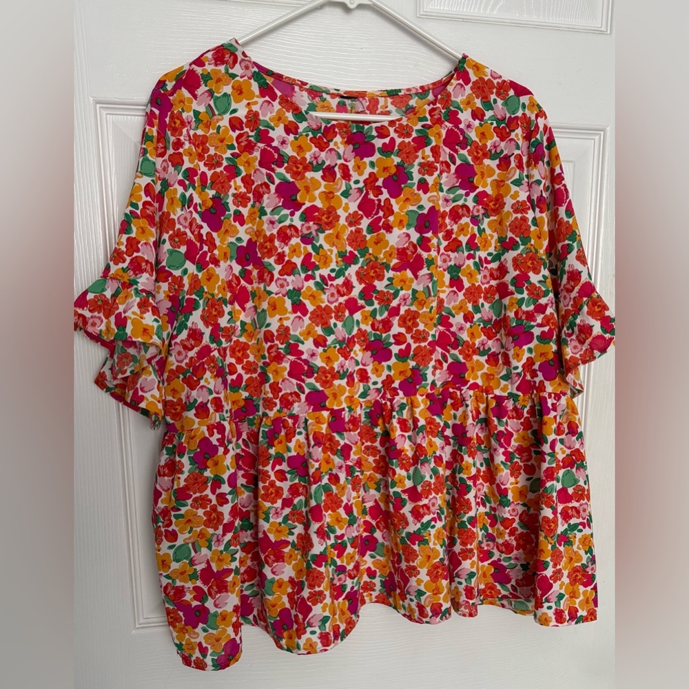Floral Ruffle-Sleeved Peplum Top 3X